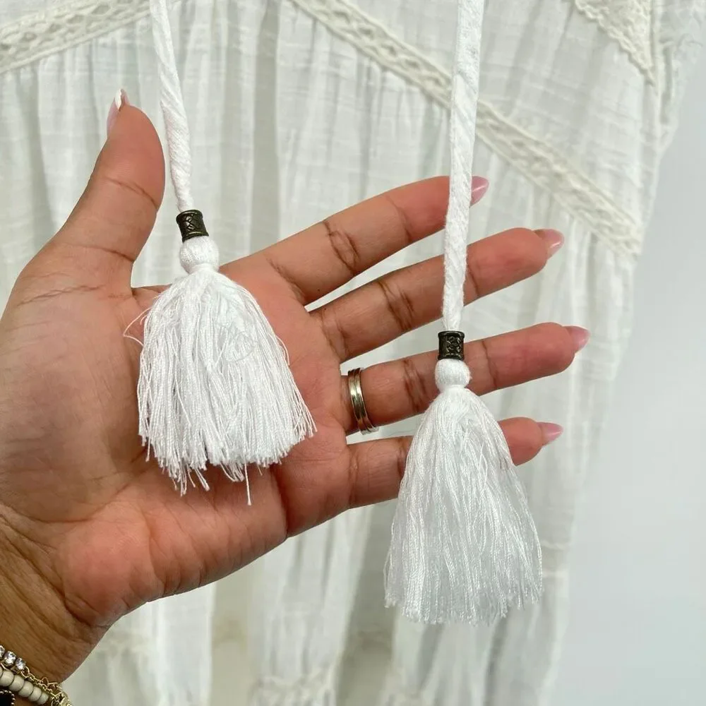 Knox Rose White Boho Lace Trim Tiered Short Dress Tassel Tie Size Large - Picture 5 of 14